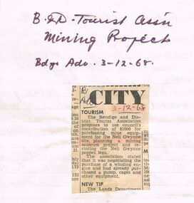Newspaper - BENDIGO ADVERTISER ARTICLE 03/12/1968 B & D TOURISM ASSOC MINING PROJECT, 1968