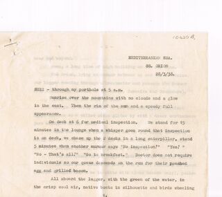 Document - ANONYMOUS DIARY SS. ORION 28/03/1938 PRE WORLD WAR II SUEZ CANAL - EGYPT TOUR, 28/03/1938