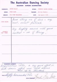 Document - PETER ELLIS COLLECTION: AUSTRALIAN DANCING SOCIETY BALLROOM DANCING EXAMINATION, 2nd April, 1978