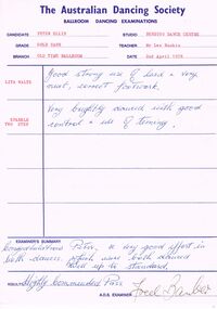 Document - PETER ELLIS COLLECTION: AUSTRALIAN DANCING SOCIETY BALLROOM DANCING EXAMINATION, 2nd April, 1978