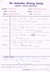 Document - PETER ELLIS COLLECTION: AUSTRALIAN DANCING SOCIETY BALLROOM DANCING EXAMINATION, 7th May, 1977