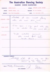Document - PETER ELLIS COLLECTION: AUSTRALIAN DANCING SOCIETY BALLROOM DANCING EXAMINATION SHEETS, 4th December, 1976