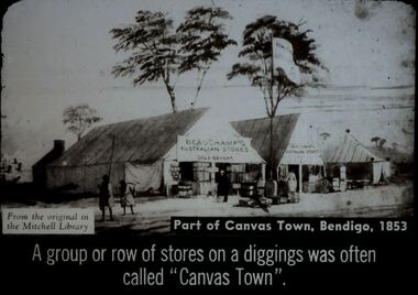 Slide - DIGGERS & MINING. STORES AT THE DIGGINGS, c1853