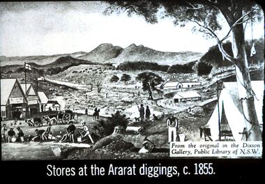 Slide - DIGGERS & MINING. STORES AT THE DIGGINGS, c1855