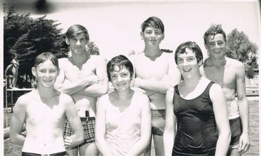 Photograph - BERT GRAHAM COLLECTION: FOUR BOYS PLUS 2 GIRLS IN SWIMMING SUITS