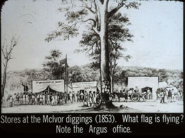 Slide - DIGGERS & MINING. STORES AT THE DIGGINGS, c1853