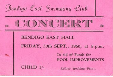Document - BERT GRAHAM COLLECTION: BENDIGO EAST SWIMMING CLUB, CONCERT, 30/9/1960