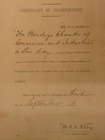 Legal record - BENDIGO CHAMBER OF COMMERCE INCORPORATION CERTIFICATE, 1913