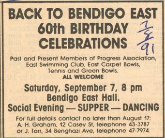 Ephemera - BERT GRAHAM COLLECTION: BACK TO BENDIGO EAST 50TH BIRTHDAY SOCIAL, 1981 - 1991