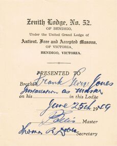 Document - LODGE COLLECTION: ZENITH LODGE, NO. 52 INSTALLATION OF BRO. FRANK GEORGE JONES, 25th June, 1949
