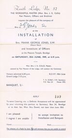 Document - LODGE COLLECTION: ZENITH LODGE, NO. 52 A.F. & A. MASONS OF VICTORIA INVITATION, Sturday 25th June, 1949