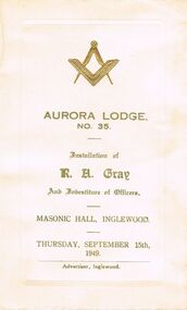Document - LODGE COLLECTION: AURORA LODGE NO. 35 INSTALLATION, Thursday 15th Sept, 1949