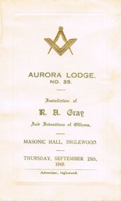 Document - LODGE COLLECTION: AURORA LODGE NO. 35 INSTALLATION, Thursday 15th Sept, 1949