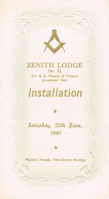 Document - LODGE COLLECTION: ZENITH LODGE NO. 52 INSTALLATION, Saturday 25th June, 1949