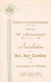 Document - LODGE COLLECTION: GOLDEN & CORINTHIAN LODGE NO. 7 V. C, Saturday 18th Sept, 1948