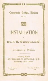 Document - LODGE COLLECTION: CAMPASPE LODGE, ELMORE, INSTALLATION BRO R. H. WASHINGTON, S.W, Saturday, 9th Oct, 1948