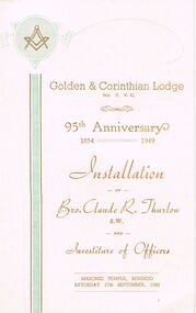 Document - LODGE COLLECTION: GOLDEN AND CORINTHIAN LODGE 95TH ANNIVERSARY, Saturday 17th Sept, 1949