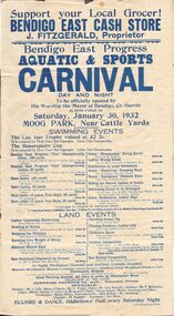 Document - BERT GRAHAM COLLECTION: BENDIGO EAST PROGRESS AQUATIC & SPORTS CARNIVAL, 30 Jan 1932