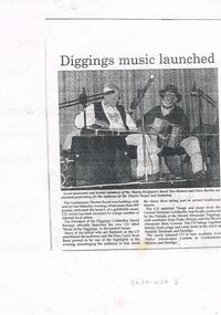 Document - PETER ELLIS COLLECTION: ARTICLE TITLED 'DIGGINGS MUSIC LAUNCHED'