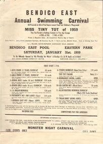 Document - BERT GRAHAM COLLECTION: BENDIGO EAST SWIMMING CARNIVAL, 31 Jan 1959