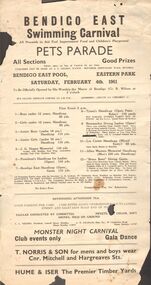 Document - BERT GRAHAM COLLECTION: BENDIGO EAST SWIMMING CARNIVAL, 4 Feb 1961