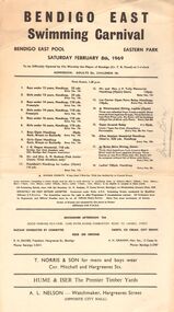 Document - BERT GRAHAM COLLECTION: BENDIGO EAST SWIMMING CARNIVAL, 8 Feb 1969