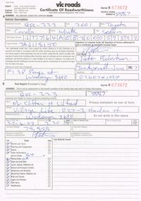 Document - PETER ELLIS COLLECTION: CERTIFICATE OF ROADWORTHINESS, 27th June, 2007