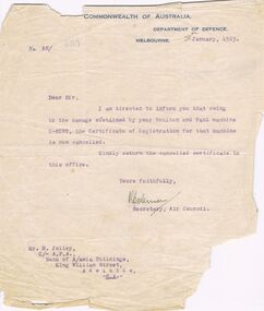 Document - HOWARD AND VIOLET JOLLEY COLLECTION: LETTER