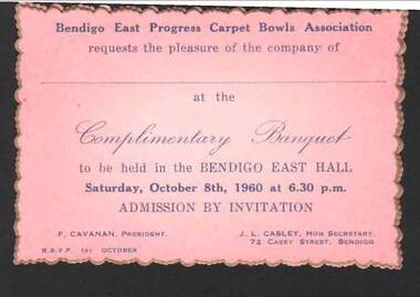 Document - BERT GRAHAM COLLECTION: BENDIGO EAST PROGRESS CARPET BOWLS ASSOCIATION, 8 October 1960