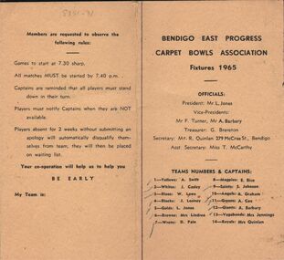 Document - BERT GRAHAM COLLECTION: BENDIGO EAST PROGRESS CARPET BOWLS ASSOCIATION, 1965