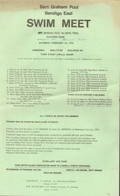 Document - BERT GRAHAM COLLECTION: BERT GRAHAM POOL BENDIGO EAST SWIM MEET, 9/2/1974- 2/2/1980
