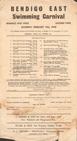 Document - BERT GRAHAM COLLECTION: BENDIGO EAST SWIMMING  CLUB CARNIVAL, 10 February 1968