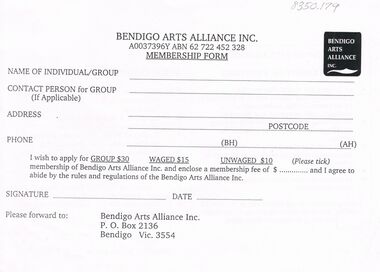 Document - MERLE HALL COLLECTION: MEMBERSHIP FORM FOR BENDIGO ARTS ALLIANCE INC