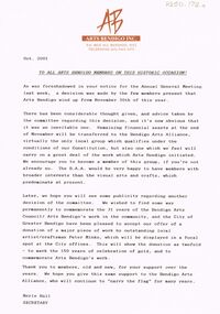 Document - MERLE HALL COLLECTION: LETTERS FROM ARTS BENDIGO RE DISBANDING/WINDING UP
