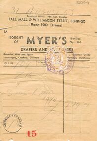 Document - JOAN O'SHEA COLLECTION: SALES DOCKET ISSUED BY MYER'S BENDIGO, 31st August, 1953