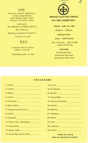 Document - PETER ELLIS COLLECTION: BENDIGO CLUB FIRST ANNUAL OLD TIME BALL, 1st June, 1984