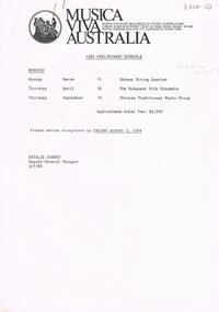 Document - MERLE HALL COLLECTION: MUSICA VIVA 1985 PRELIMINARY SCHEDULE