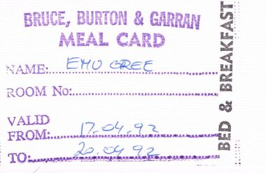 Document - PETER ELLIS COLLECTION: MEAL CARD, 17th - 20th, 1992