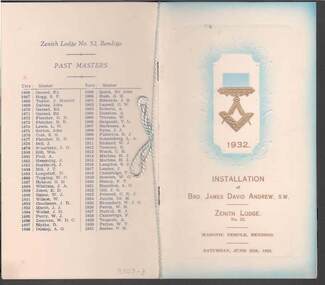 Document - MASONIC SOCIETY EVENTS (VARIOUS): INSTALLATION OF BRO JAMES DAVID ANDREW, 25th June, 1932