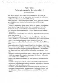 Document - PETER ELLIS COLLECTION: PETER ELLIS ORDER OF AUSTRALIA RECIPIENT, 26th January, 2012