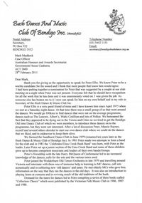 Document - PETER ELLIS COLLECTION: LETTER BUSH DANCE AND MUSIC CLUB BENDIGO, 28th February 2011