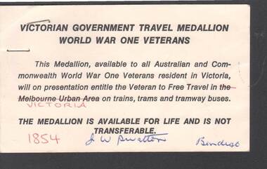 Document - R.S.L. BENDIGO COLLECTION: VICTORIAN GOVERNMENT TRAVEL MEDALLION WW1 VETERANS