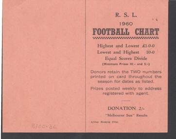 Document - R.S.L. BENDIGO COLLECTION: R.S.L. 1960 FOOTBALL CHART