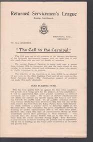 Document - R.S.L. BENDIGO COLLECTION: THE CALL TO THE CARNIVAL