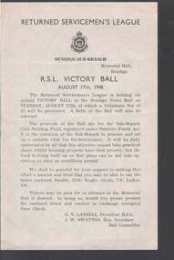 Document - R.S.L. BENDIGO COLLECTION: RSL VICTORY BALL 1948, 17th August, 1949