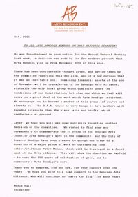 Document - MERLE HALL COLLECTION: OUTWARDS CORRESPODENCE 2001 RELATED TO ARTS BENDIGO WIND UP