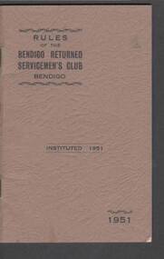 Book - R.S.L. BENDIGO COLLECTION: RULE BOOK