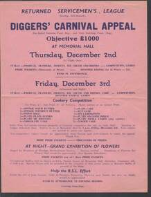 Document - R.S.L. BENDIGO COLLECTION: RSL DIGGERS CARNIVAL APPEAL, Friday 3rd December
