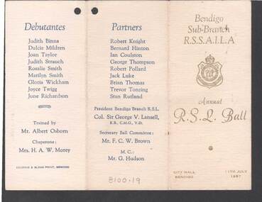 Document - R.S.L. BENDIGO COLLECTION: ANNUAL R.S.L. BALL 1957