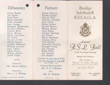Document - R.S.L. BENDIGO COLLECTION: ANNUAL R.S.L. BALL 1954, 18th August, 1954